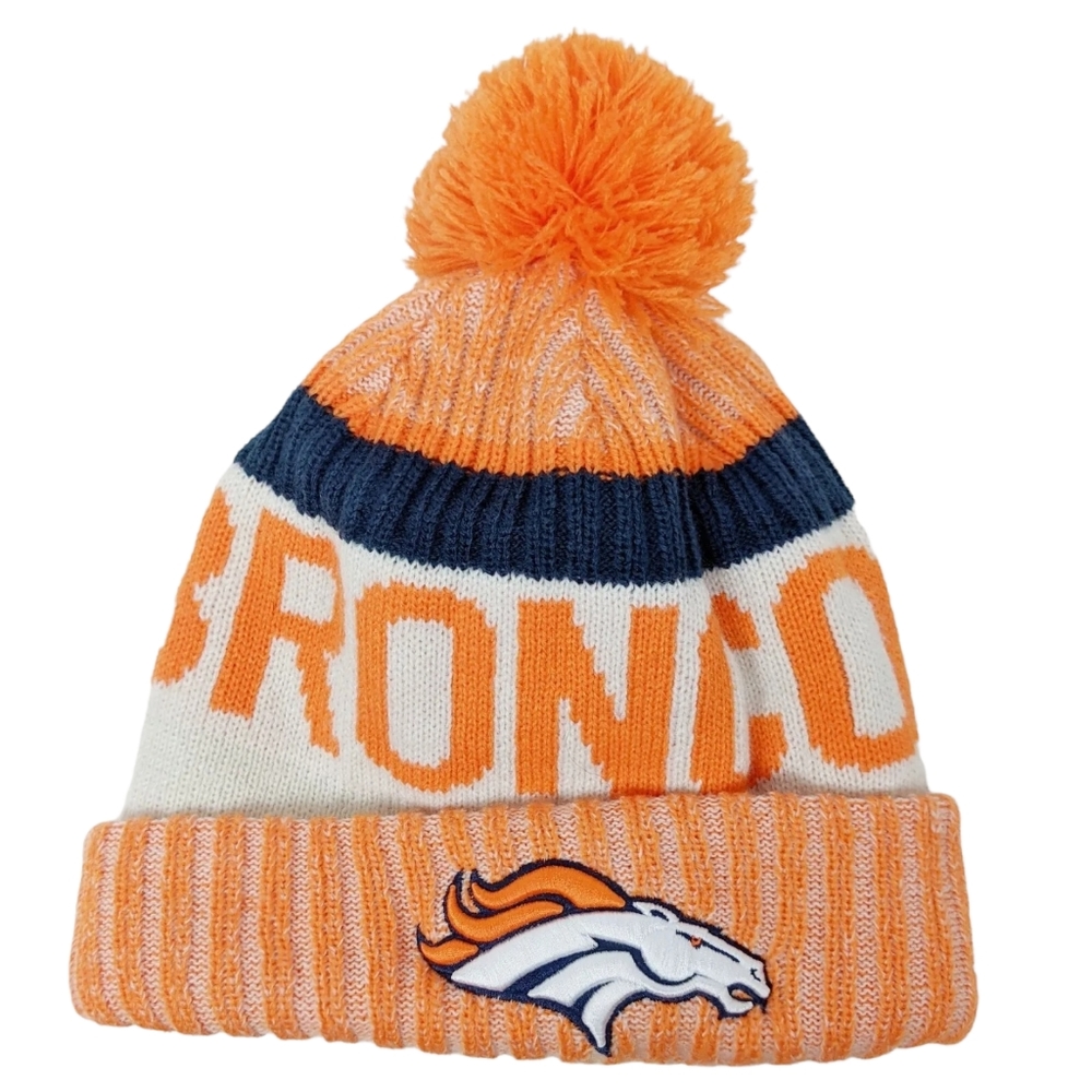 NFL Denver Bronco Football Knit Fleece Lined Pom Pom Beanie Hat Winter One Size